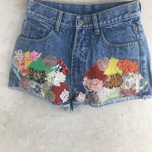 Blush On Blue  Blue Denim Lace and Macrame  Floral Patch  Shorts  Women's Size S